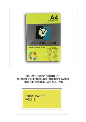 ALEX A4 FOSFORLU SARI FOTOKOPİ .KAĞIDI 500 LÜ ALX-763