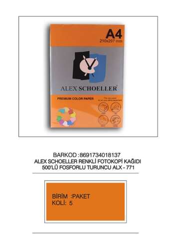 ALEX A4 FOSFORLU TURUNCU FOTOKOPİ KAĞIDI 500 LÜ ALX-771