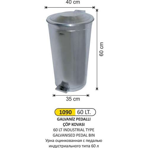 Arı Metal 1090 Endüstriyel Pedallı Galvaniz Çöp Kovası 60 Litre