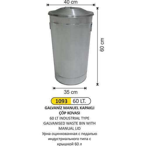 Arı Metal 1093 Endüstriyel Manuel Kapaklı Galvaniz Çöp Kovası 60 Litre