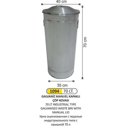 Arı Metal 1094 Endüstriyel Manuel Kapaklı Galvaniz Çöp Kovası 70 Litre