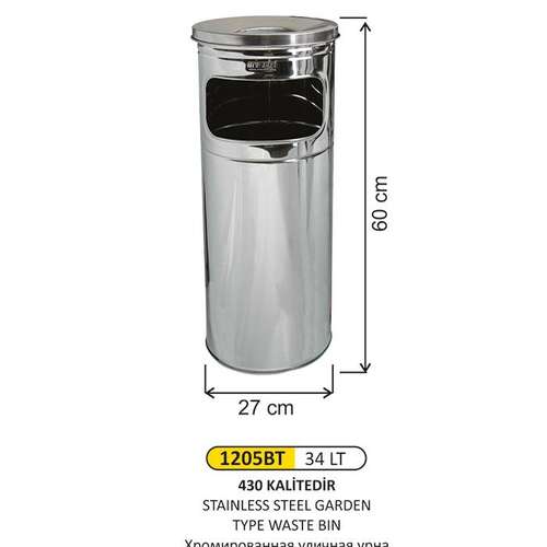 Arı Metal 1205BT Bahçe Çöp Kovası Krom 34 Litre