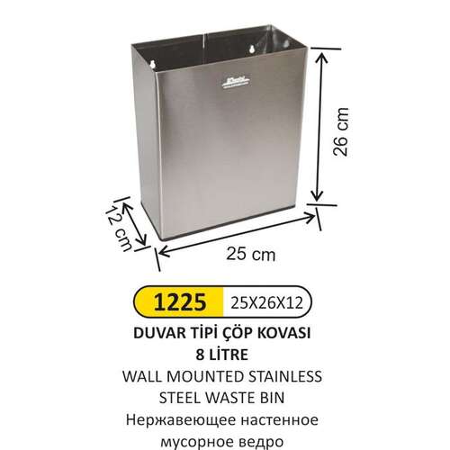 Arı Metal 1225 Duvar Tipi Paslanmaz Çöp Kovası 8 Litre