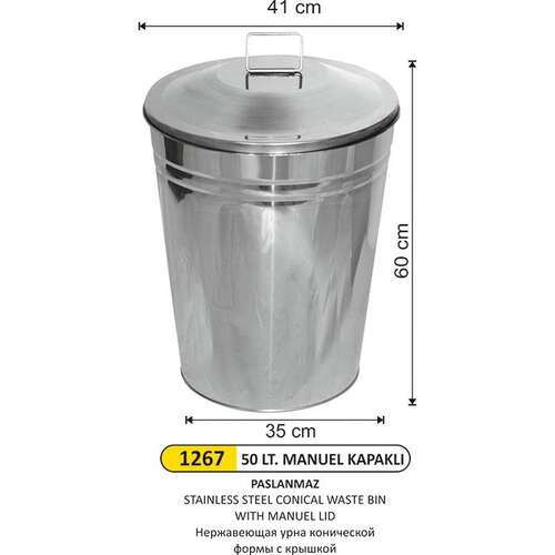 Arı Metal 1267 Konik Çöp Kovası Paslanmaz Manuel Kapaklı 50 Litre