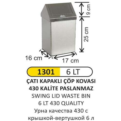 Arı Metal 1301 Çatı Kapaklı Çöp Kovası 6 Litre
