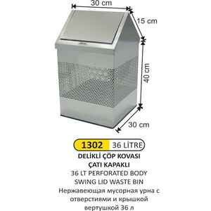 Arı Metal - Arı Metal 1302 Çatı Kapaklı Çöp Kovası Gövde Delikli Paslanmaz 36 Litre