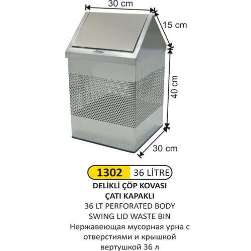 Arı Metal 1302 Çatı Kapaklı Çöp Kovası Gövde Delikli Paslanmaz 36 Litre