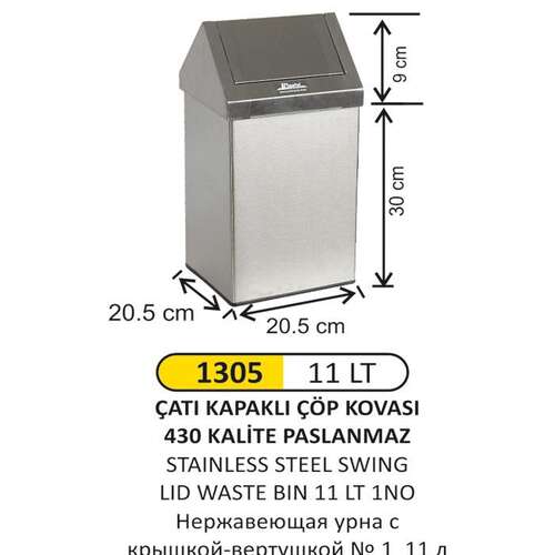 Arı Metal 1305 Çatı Kapak Çöp Kovası Paslanmaz 11 Litre