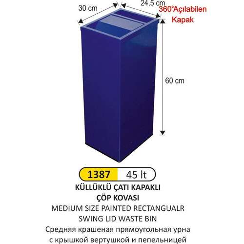 Arı Metal 1387 Dikdörtgen Çatı Kapaklı Küllüklü Çöp Kovası Boyalı 45 Litre