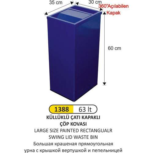 Arı Metal 1388 Dikdörtgen Çatı Kapaklı Küllüklü Çöp Kovası Boyalı 63 Litre