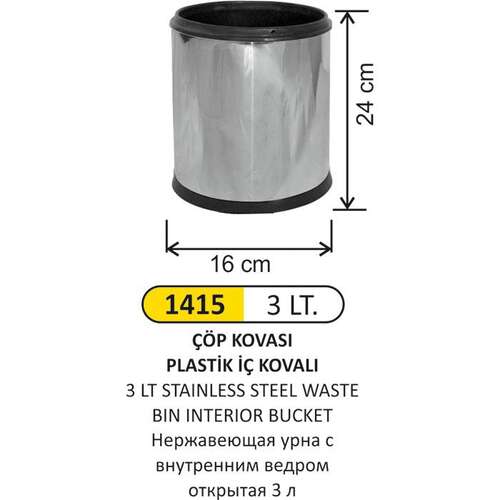 Arı Metal 1415 Çöp Kovası Paslanmaz Açık İç Kovalı 3 Litre