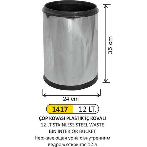 Arı Metal 1417 Çöp Kovası Paslanmaz Açık İç Kovalı 12 Litre