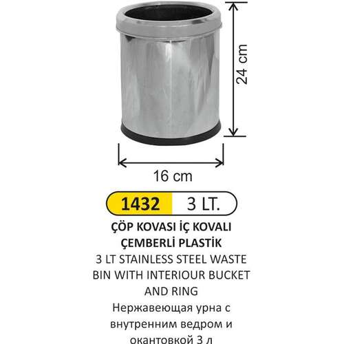 Arı Metal 1432 Çöp Kovası İç Kovalı Çemberli Paslanmaz 3 Litre