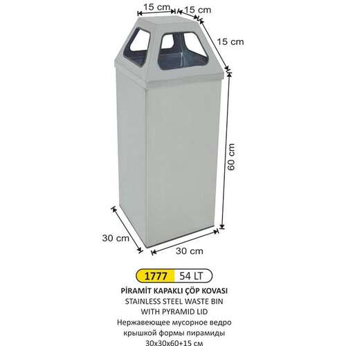 Arı Metal 1777 Piramit Kapaklı Paslanmaz Çöp Kovası 54 Litre