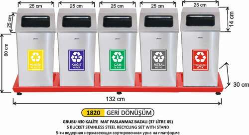 Arı Metal 1820 Geri Dönüşüm Kovası 5 li Paslanmaz Bazalı 37 Litre