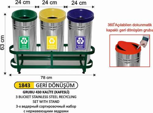 Arı Metal 1843 Geri Dönüşüm Seti 3 Lü Paslanmaz Kovalı