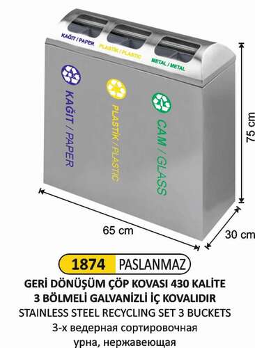 Arı Metal 1874 Geri Dönüşüm Çöp Kovası 3 Lü Paslanmaz