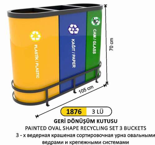 Arı Metal 1876 Geri Dönüşüm Kovası Oval Kenar 3 Lü Boyalı Lamalı