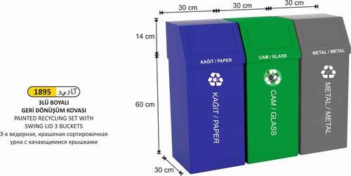 Arı Metal 1895 Geri Dönüşüm Kovası 3 Lü Set Boyalı Sallanır Kapaklı
