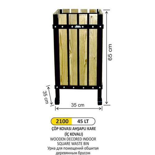 Arı Metal 2100 Çöp Kovası Ahşaplı Kare İç Mekan 45 Litre