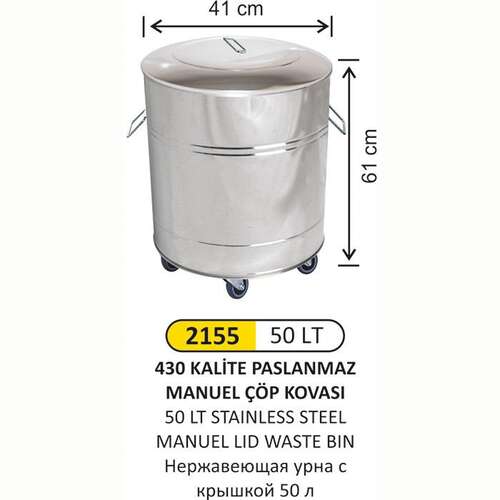 Arı Metal 2155 Manuel Kapaklı Çöp Kovası Paslanmaz 50 Litre