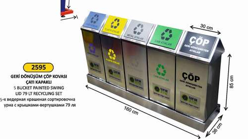 Arı Metal 2595 Geri Dönüşüm Kovası Çatı Kapaklı Paslanmaz 5 Li Bazalı