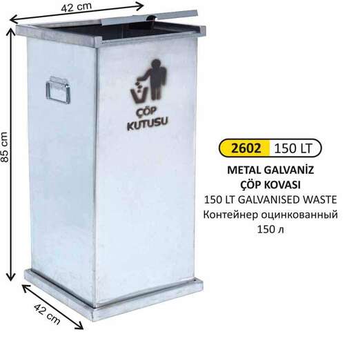 Arı Metal 2602 Kare Galvaniz Manuel Kapaklı Çöp Kovası 150 Litre