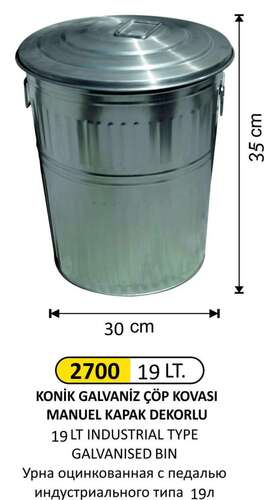 Arı Metal 2700 Galvaniz Çöp Kovası Mini Konik Manuel Kapaklı 19 Litre