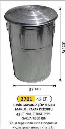 Arı Metal 2701 Galvaniz Çöp Kovası Konik Manuel Kapaklı 43 Litre