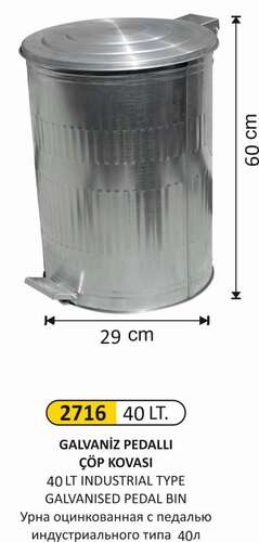 Arı Metal 2716 Galvaniz Çöp Kovası Dik Pedallı 40 Litre