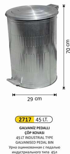 Arı Metal 2717 Galvaniz Çöp Kovası Dik Pedallı 45 Litre