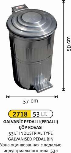 Arı Metal 2718 Galvaniz Çöp Kovası Dik Pedallı 53 Litre