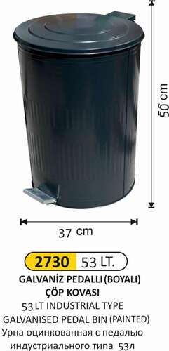 Arı Metal 2730 Galvaniz Boyalı Çöp Kovası Dik Pedallı 53 Litre