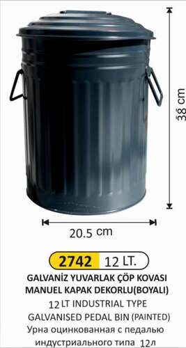 Arı Metal 2742 Galvaniz Çöp Kovası Boyalı Manuel Kapaklı 12 Litre