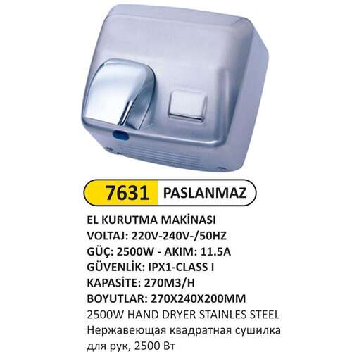 Arı Metal 7631 El Kurutma Makinesi Paslanmaz 2500 W Kare