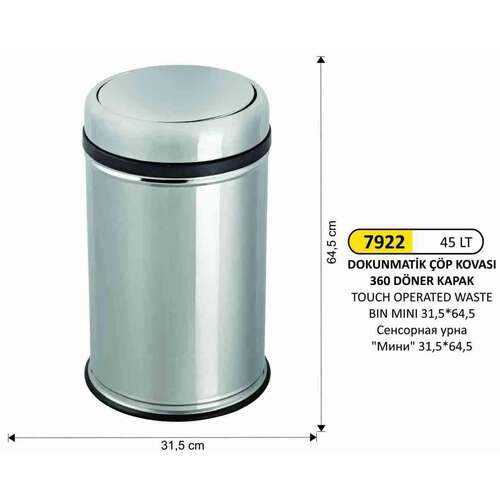 Arı Metal 7922 45 Litre Döner Kapaklı Çöp Kovası Paslanmaz