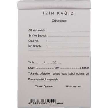 DİLMAN ÖĞRENCİ İZİN KAĞIDI 50 YP 2 NÜSHA OTOKOPİLİ