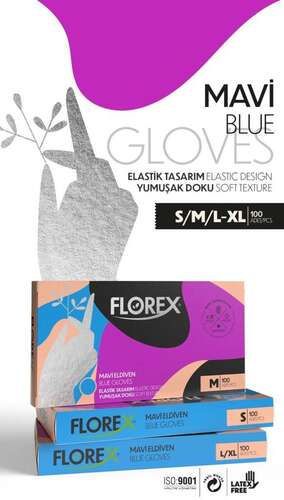 Florex Gloves Mavi Poşet Eldiven 100 lü Paket M Beden