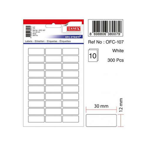 TANEX OFC-107 BEYAZ 12x30 mm OFİS ETİKETİ