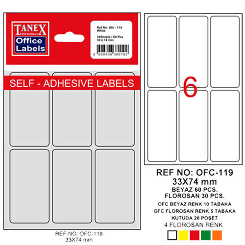 TANEX OFC-119 33x74 mm BEYAZ OFİS ETİKETİ